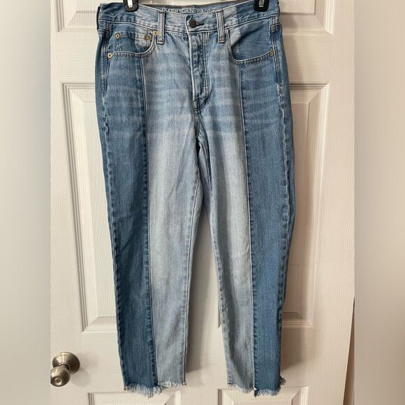 American Eagle Sz 6 Reg Vintage High Rise Two Tone Frayed Hem Button Fly Jeans - Picture 3 of 11